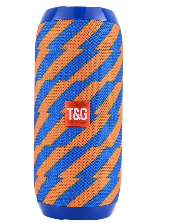 Portable T&G Bluetooth speaker with orange and blue zigzag fabric cover and rubberized blue ends