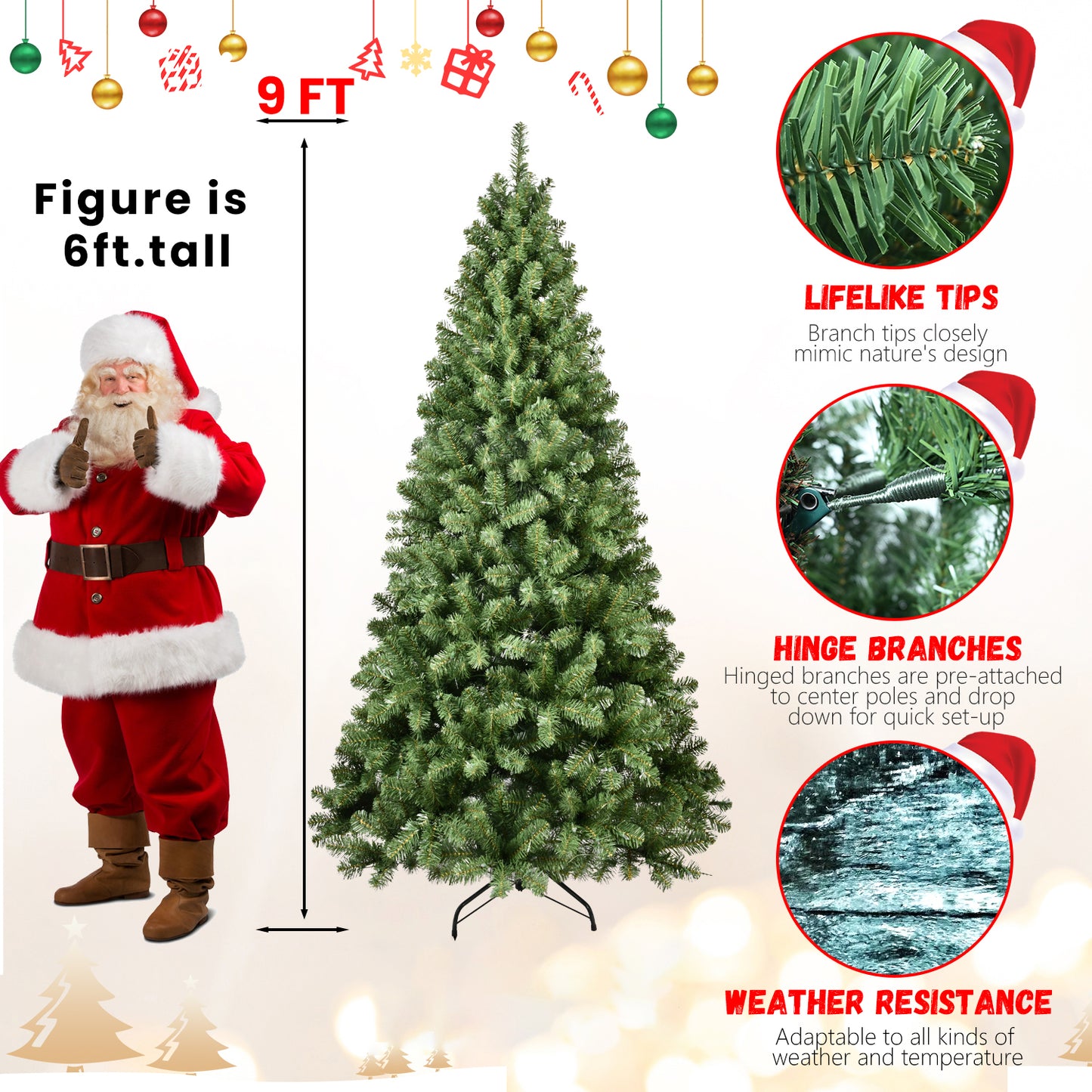9 ft artificial Christmas tree with lifelike tips, hinge branches, weather resistance, beside a 6 ft Santa figure