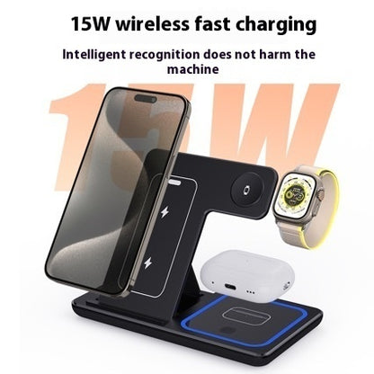 15W wireless fast charging station with iPhone, AirPods, and smartwatch on black stand