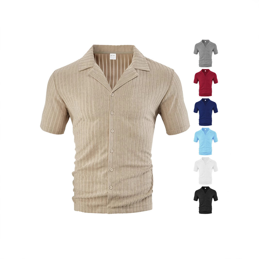 Beige ribbed short sleeve button-up shirt with collar, shown with five color options on white background