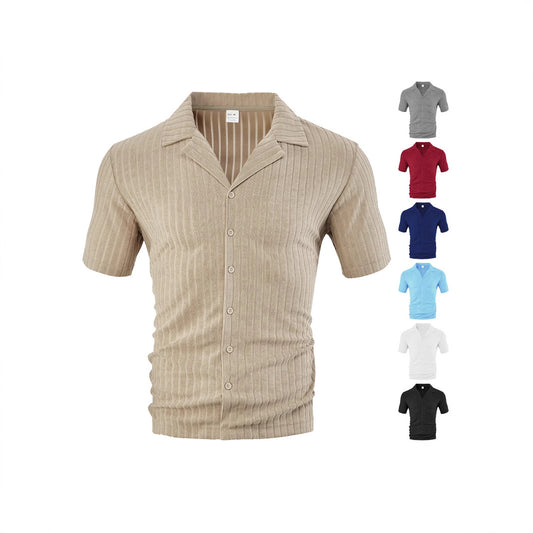 Beige ribbed short sleeve button-up shirt with collar, shown with five color options on white background