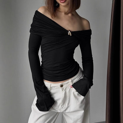 American-style Spicy Girl Design Off-shoulder Irregular Long-sleeve Tight Top