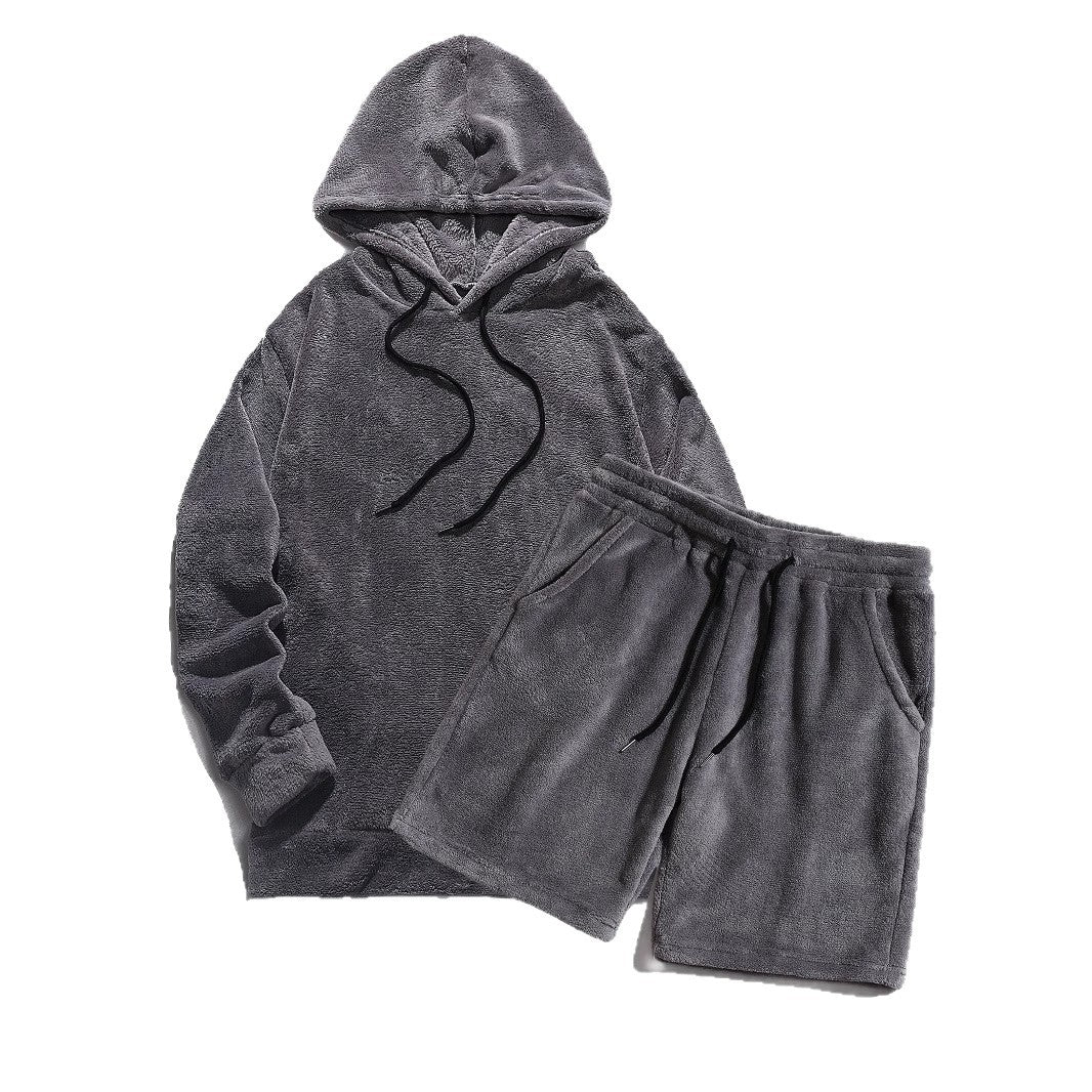 Cozy dark gray fleece hoodie and matching shorts set with black drawstrings, soft loungewear