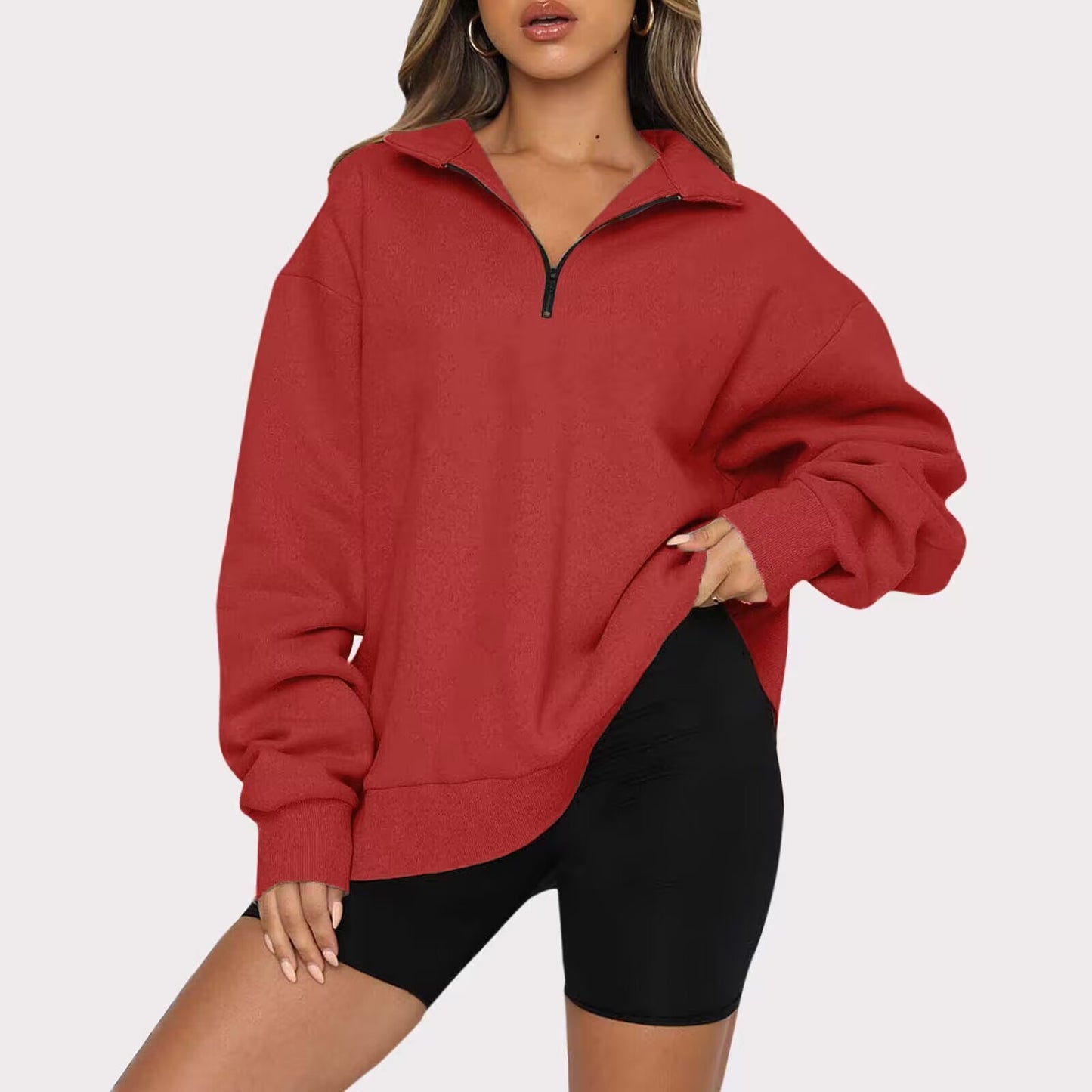 Women Zip Sweatshirt - Loose Pullover With Turndown Collar | Casual Tops