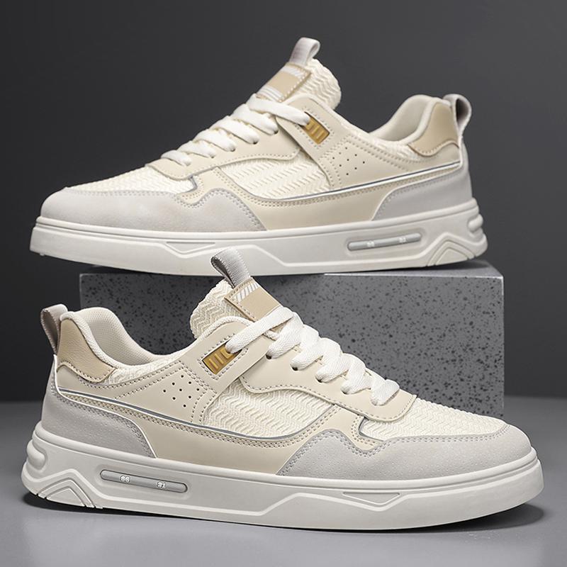 Men's Fashion Shoes | Versatile White Leather Board Sneakers Mid Heel