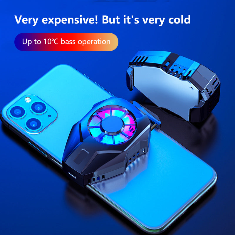Mobile phone cooling fan with LED lights attached to a blue smartphone on a dark surface