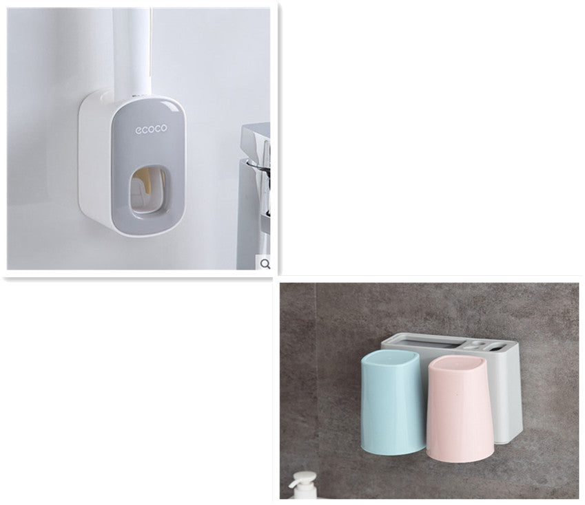 Wall-mounted Ecoco automatic toothpaste dispenser and dual pastel toothbrush holder on gray bathroom wall