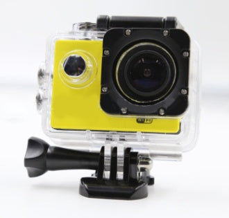 Compact yellow action camera in a transparent waterproof case with mounting bracket