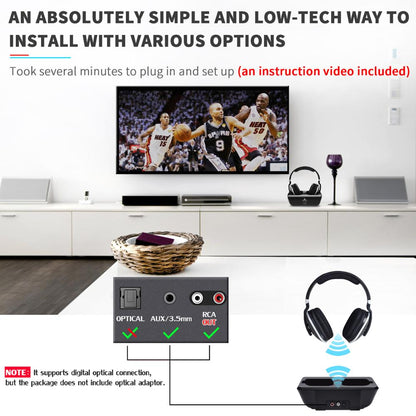 Modern living room setup with TV showing basketball, audio transmitter and wireless headphones, connection options