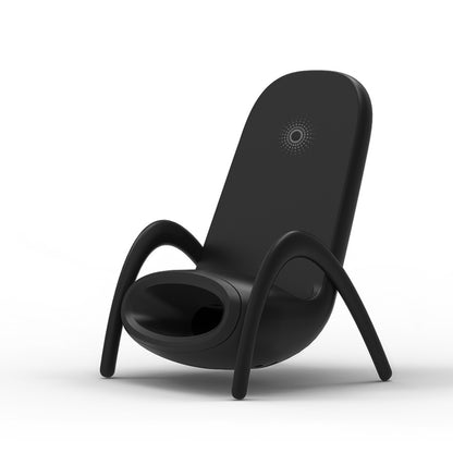 Modern black wireless charger with curved legs and circular LED indicator on backrest