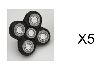 Replacement black electric razor shaving head with five circular blades, shown with X5 quantity label