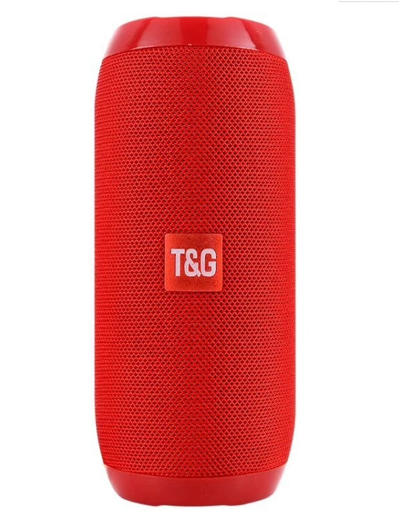 Red T&G portable wireless Bluetooth speaker with mesh texture and cylindrical design