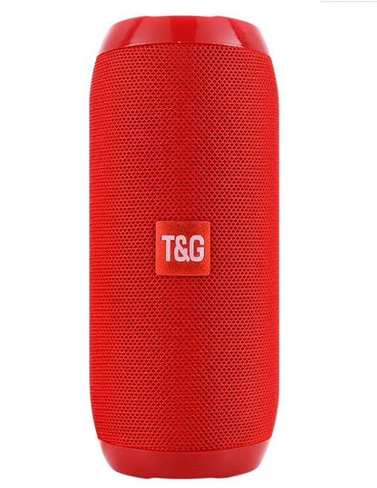 Red T&G portable wireless Bluetooth speaker with mesh texture and cylindrical design