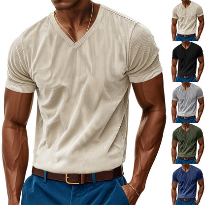 Loose Men's V-Neck Shirt - Casual Polyester Short Sleeve Pullover Tee for Summer