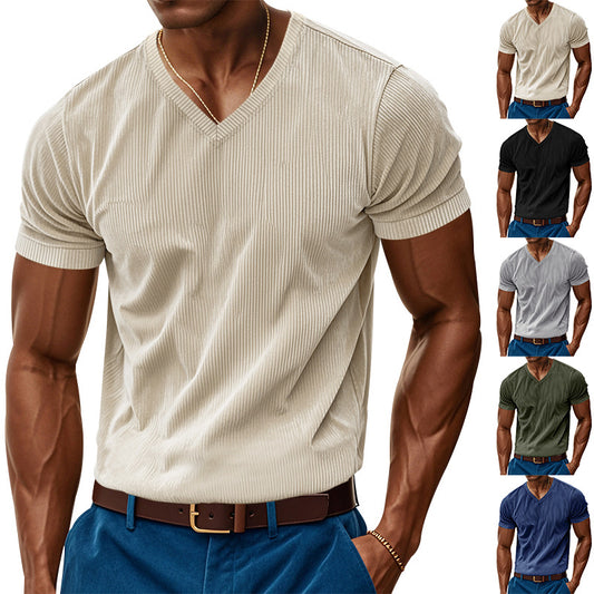 Loose Men's V-Neck Shirt - Casual Polyester Short Sleeve Pullover Tee for Summer