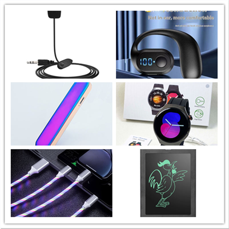 Collage of electronic gadgets including wired microphone, wireless ear hook earphone with display, smartphone side view, smartwatches, glowing charging cables, and digital drawing pad with chicken sketch