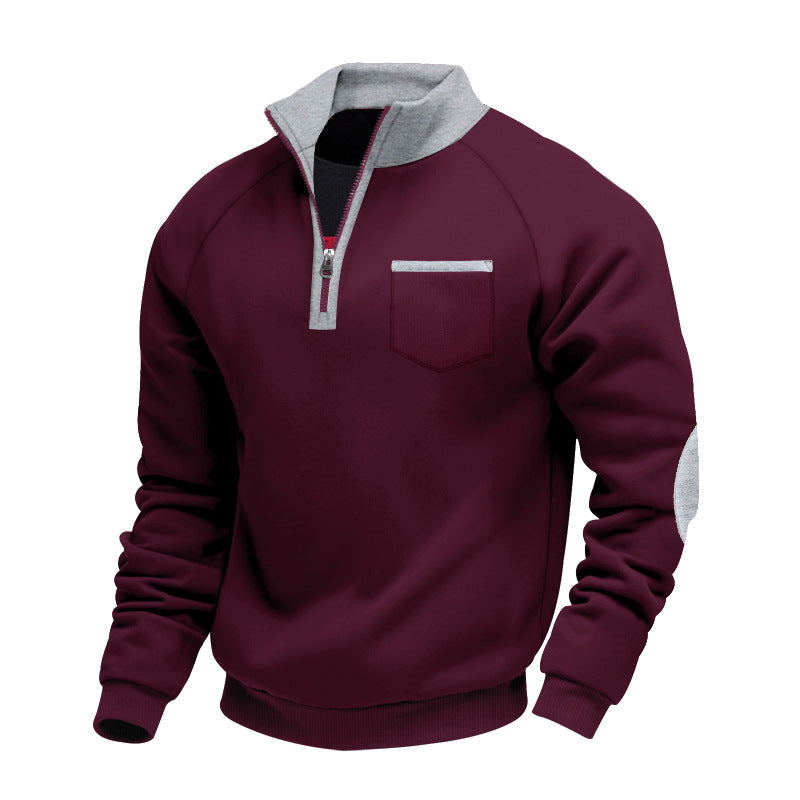 Maroon quarter-zip sweatshirt with gray collar, gray chest pocket trim, and elbow patches on white background