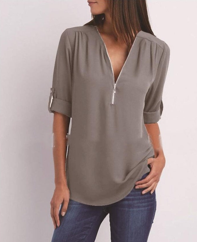 Zip V-Neck Shirt Women - Loose Short Sleeve Tops, Breathable Dacron Fabric