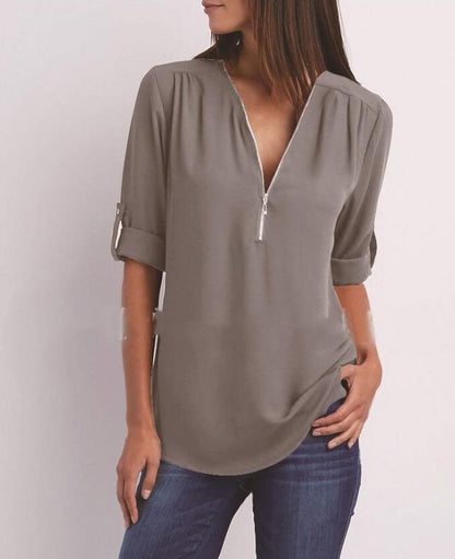 Zip V-Neck Shirt Women - Loose Short Sleeve Tops, Breathable Dacron Fabric