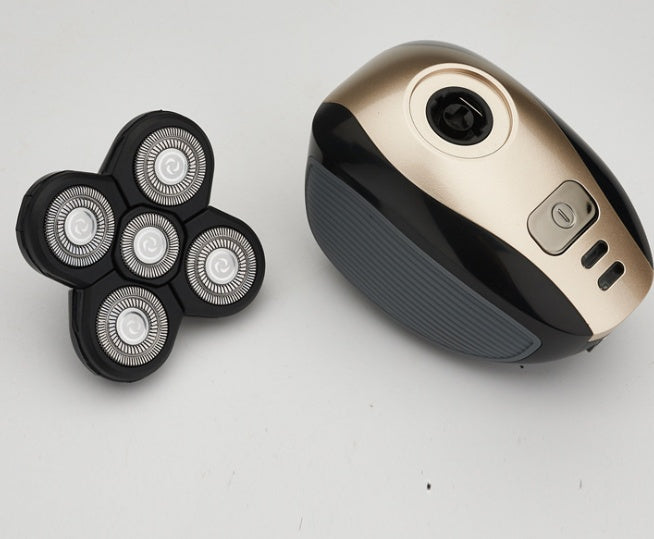 Electric shaver with detachable five-head rotary blade and ergonomic handle on a white background
