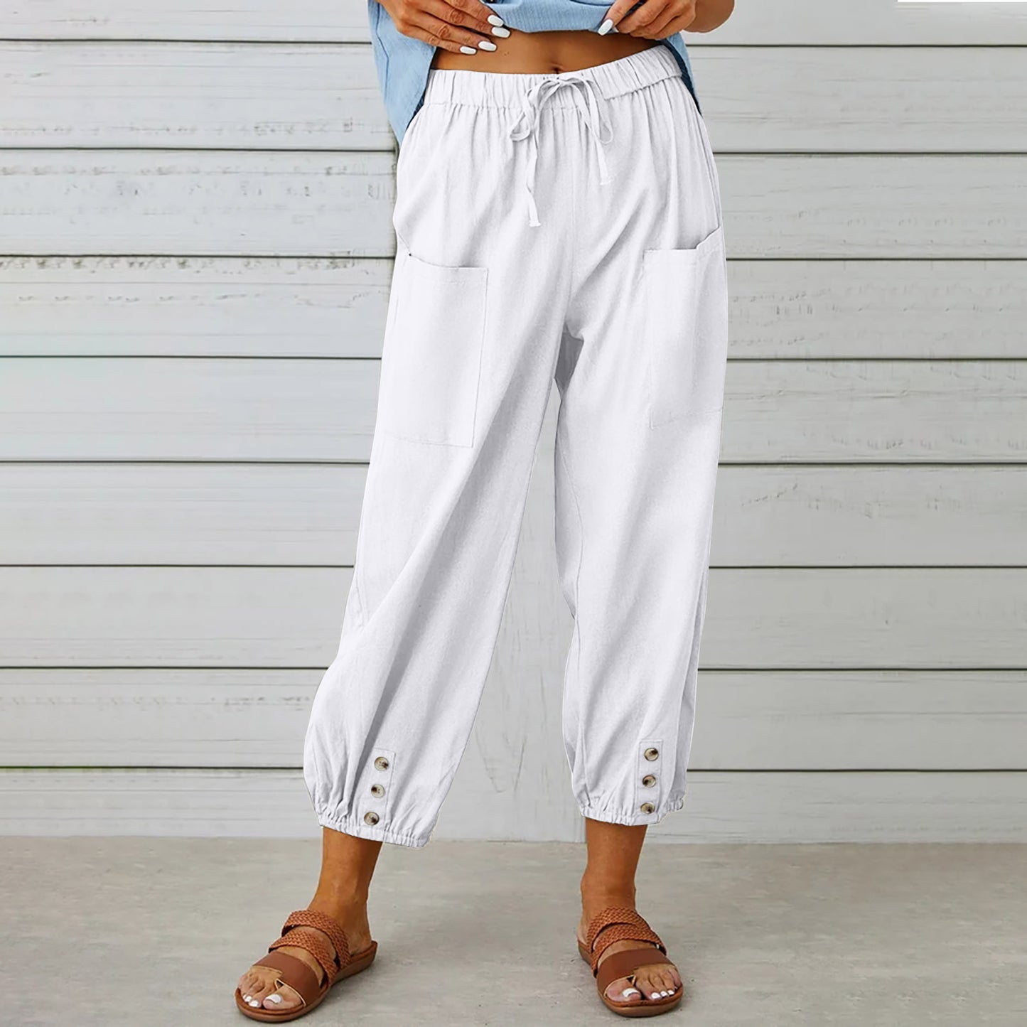 Cotton Linen Pants - Women's Drawstring Waist Trousers With Pockets & Buttons