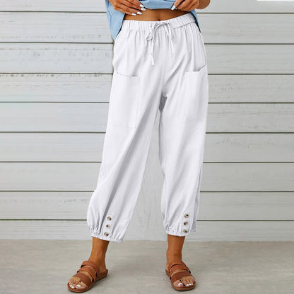Cotton Linen Pants - Women's Drawstring Waist Trousers With Pockets & Buttons