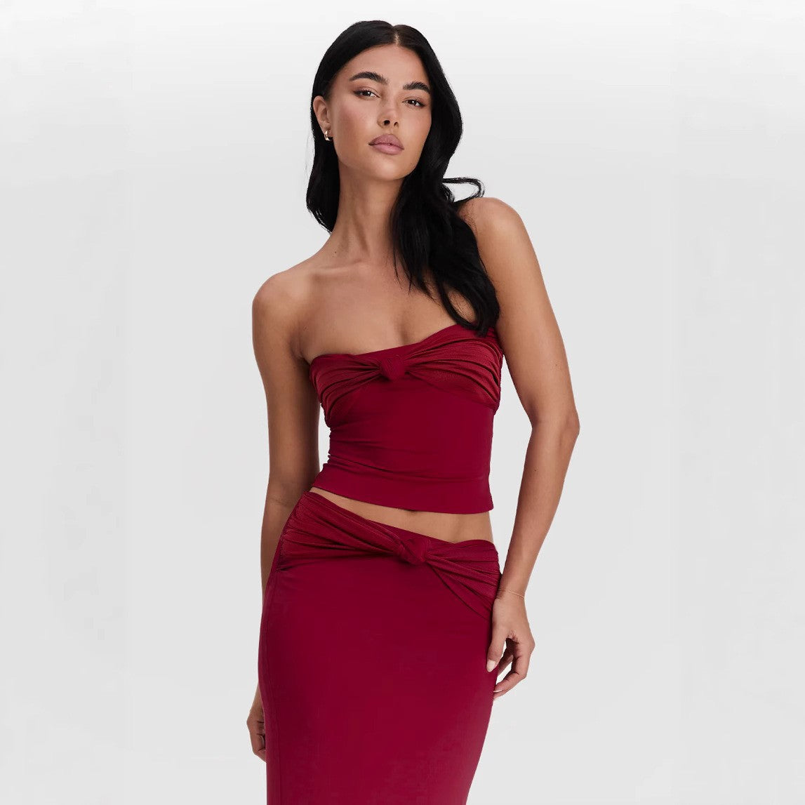 Strapless Long Dress Two Piece Set | Slim Fit Dark Red Evening Gown