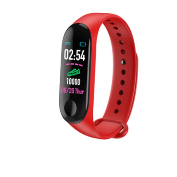 Red fitness tracker with digital display showing time, steps, and date on black screen