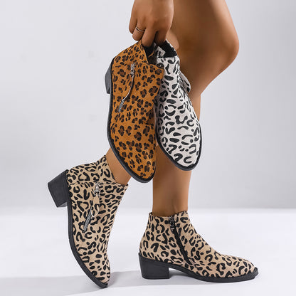 Chunky Heel Ankle Boots – Ladies Pointed Toe Low Cut Booties With Leopard Print