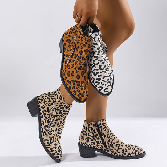 Chunky Heel Ankle Boots – Ladies Pointed Toe Low Cut Booties With Leopard Print