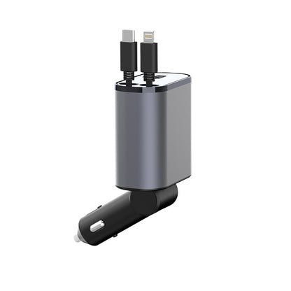 Compact gray car charger with dual USB ports and attached USB-C and Lightning cables