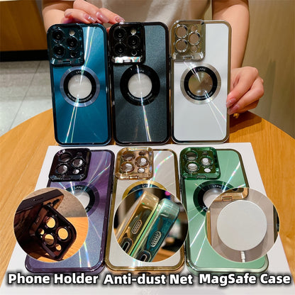 Glossy MagSafe phone cases in blue, black, white, purple, gold, and green with anti-dust nets on wooden table