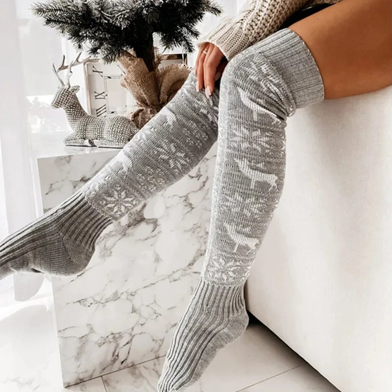 Christmas Thigh High Socks - Warm Knitted Winter Knee Socks With Snowflake Elk Pattern
