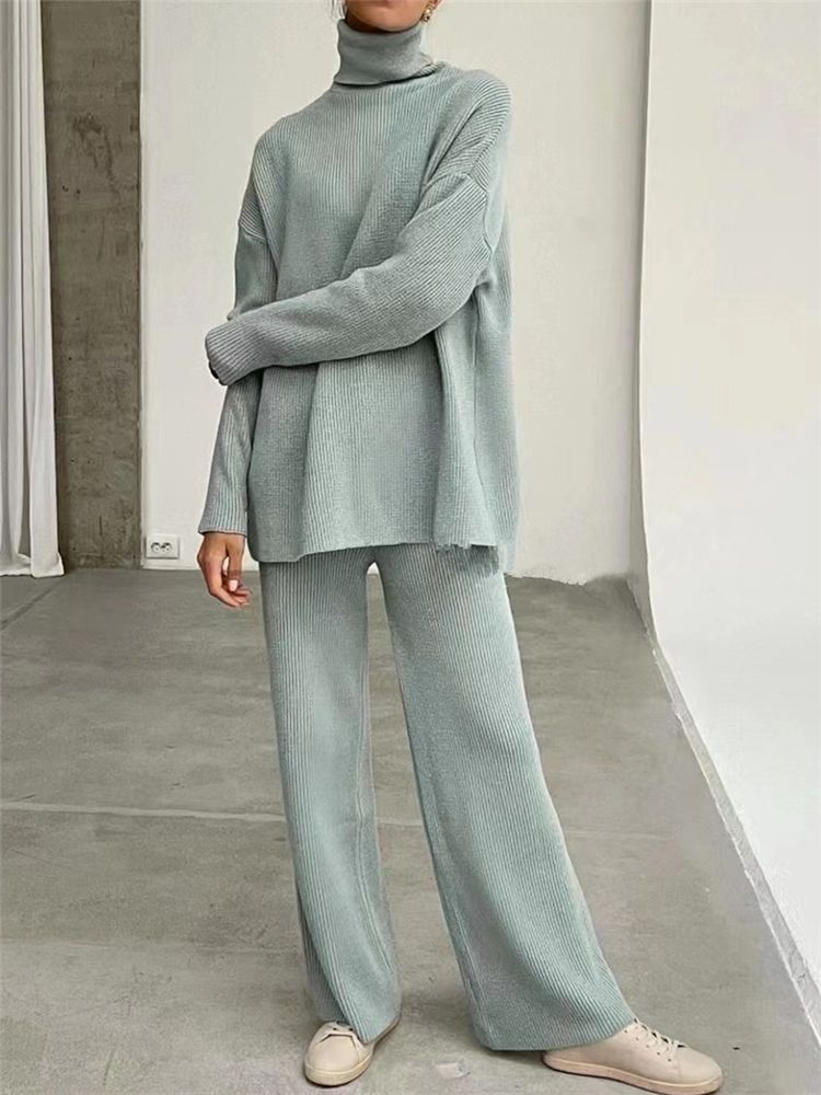 Knitted Tracksuit Set - Women's Two Piece Clothing With Turtleneck Sweater & Pants