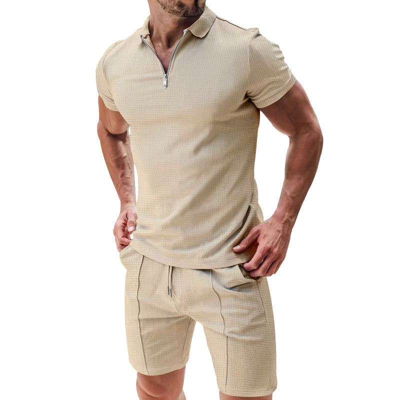 Casual Waffle Suit - Summer T-Shirt Set With Zipper Lapel Collar And Drawstring Shorts