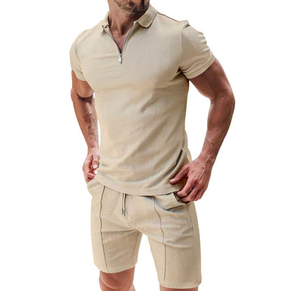 Casual Waffle Suit - Summer T-Shirt Set With Zipper Lapel Collar And Drawstring Shorts