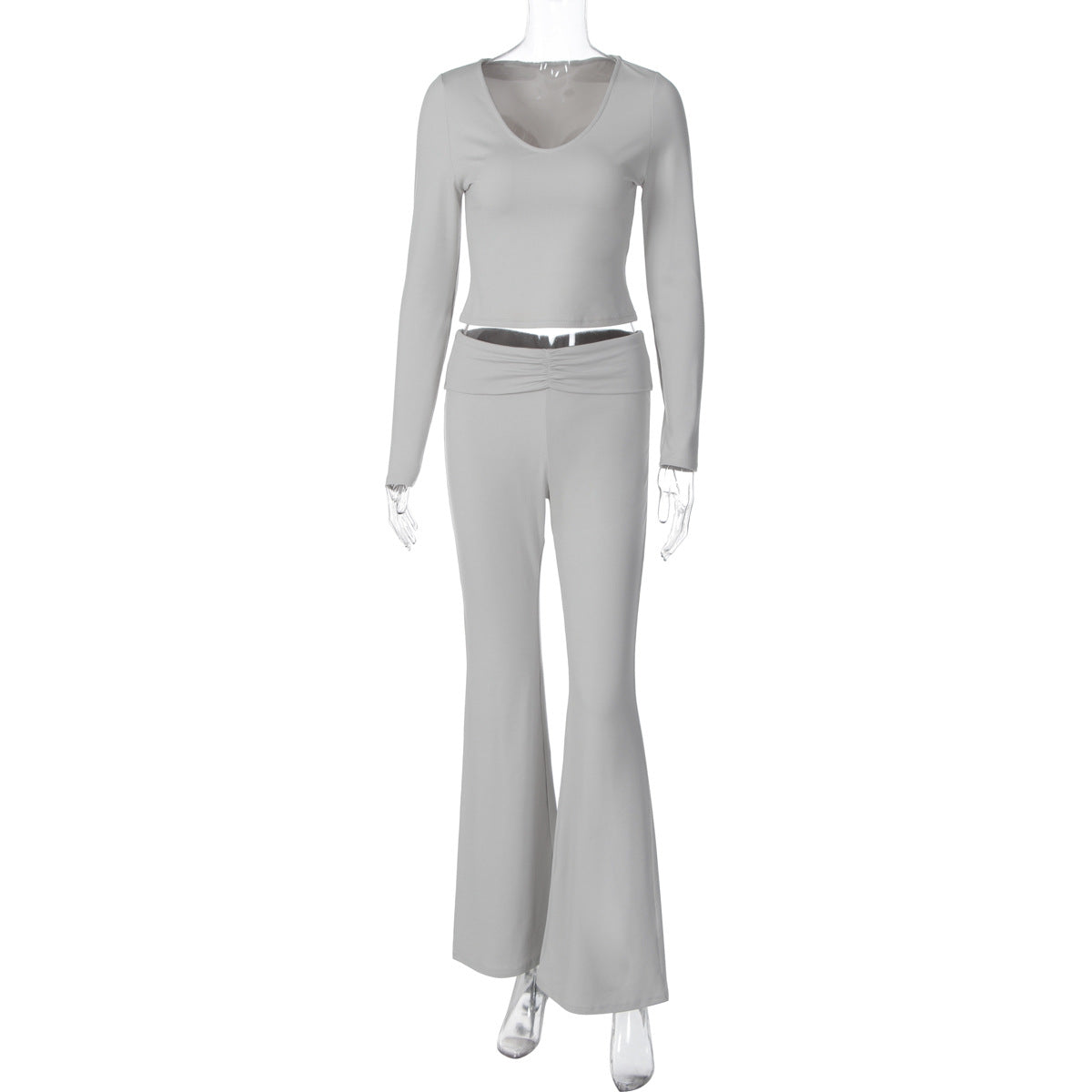Wide-Leg Pants Suit With Midriff Top Set | Street Fashion Outfit | Gray Polyester Fiber