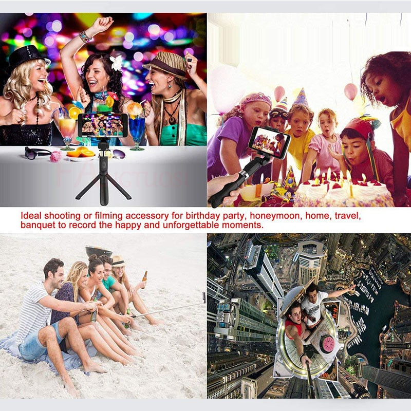 People using selfie stick tripod for group photos at party, birthday, beach, and urban rooftop views