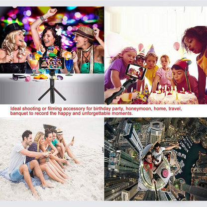 People using selfie stick tripod for group photos at party, birthday, beach, and urban rooftop views