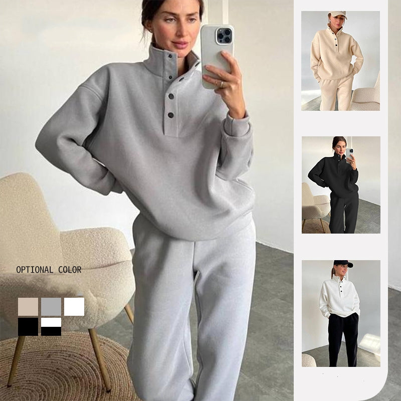 Oversized Casual Tracksuit – Women's Solid Color 2 Piece Pant Set With Warm Hoodie