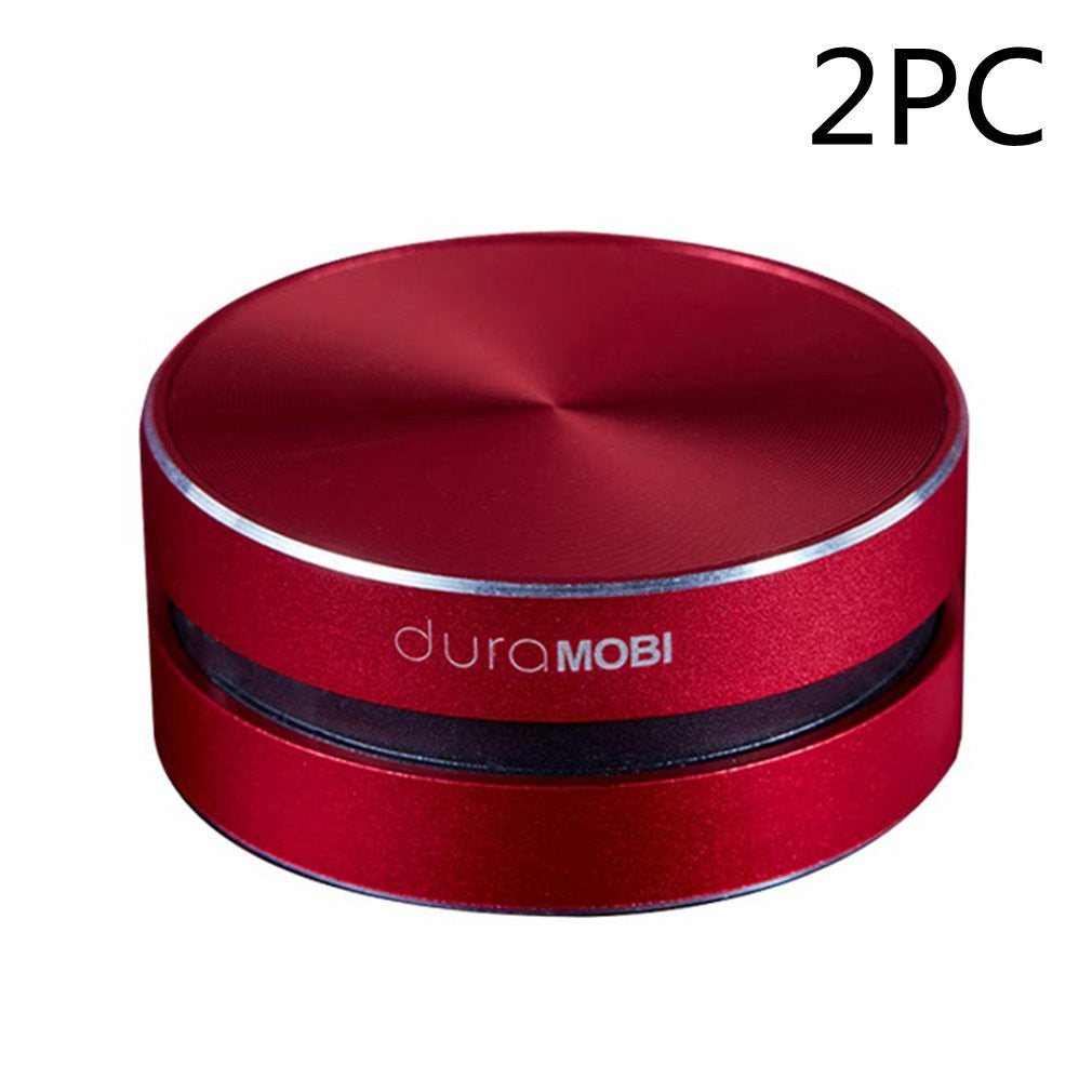 Red circular duraMOBI branded device with metallic finish and black middle ring, 2-piece set