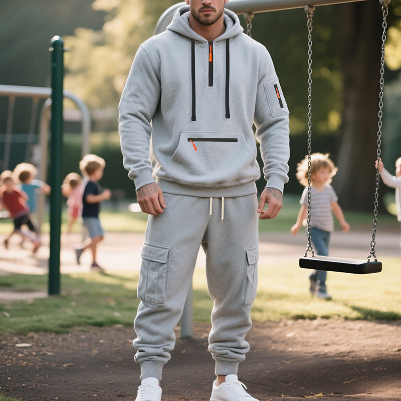 Men's Sports Hoodie Set - Polyester Fiber Two-Piece Tracksuit with Multi-Pocket Zipper Jacket