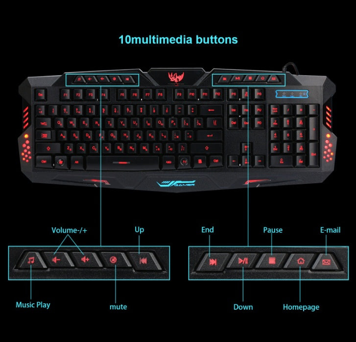 Black gaming keyboard with 10 multimedia buttons, red backlit keys, and volume, play, mute controls