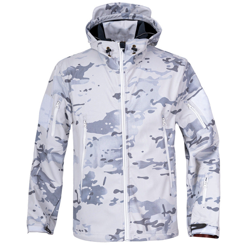 white and grey camouflage tactical jacket with hood and multiple zippered pockets