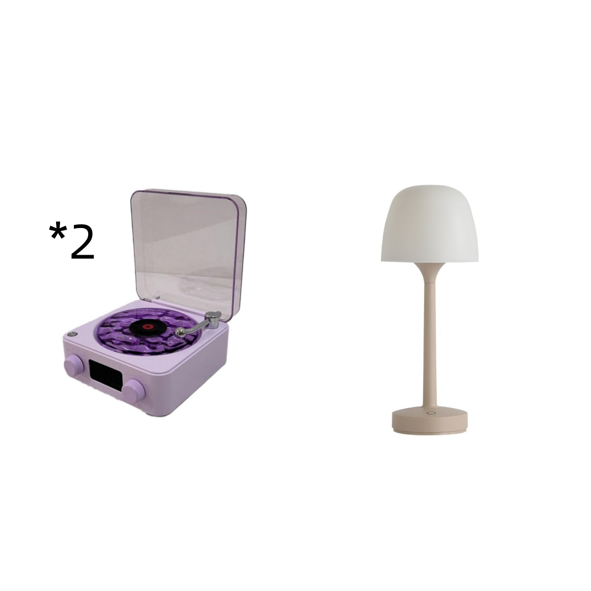 Purple retro turntable with transparent lid and beige modern table lamp on white background