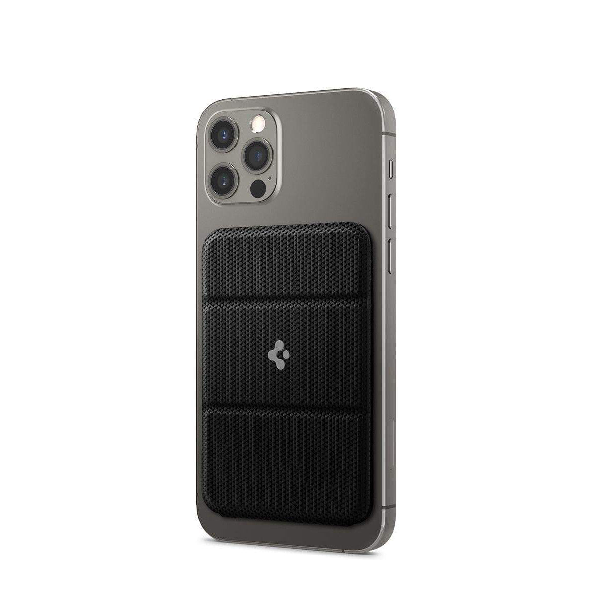Gray smartphone with triple camera and black textured magnetic cardholder attached to back