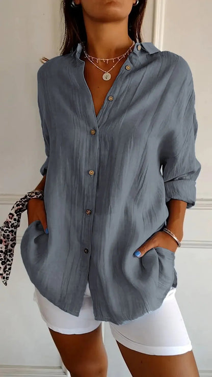 Lapel Long Sleeve Shirt - Women's Single-Breasted Pleated Blouse, Loose Fit