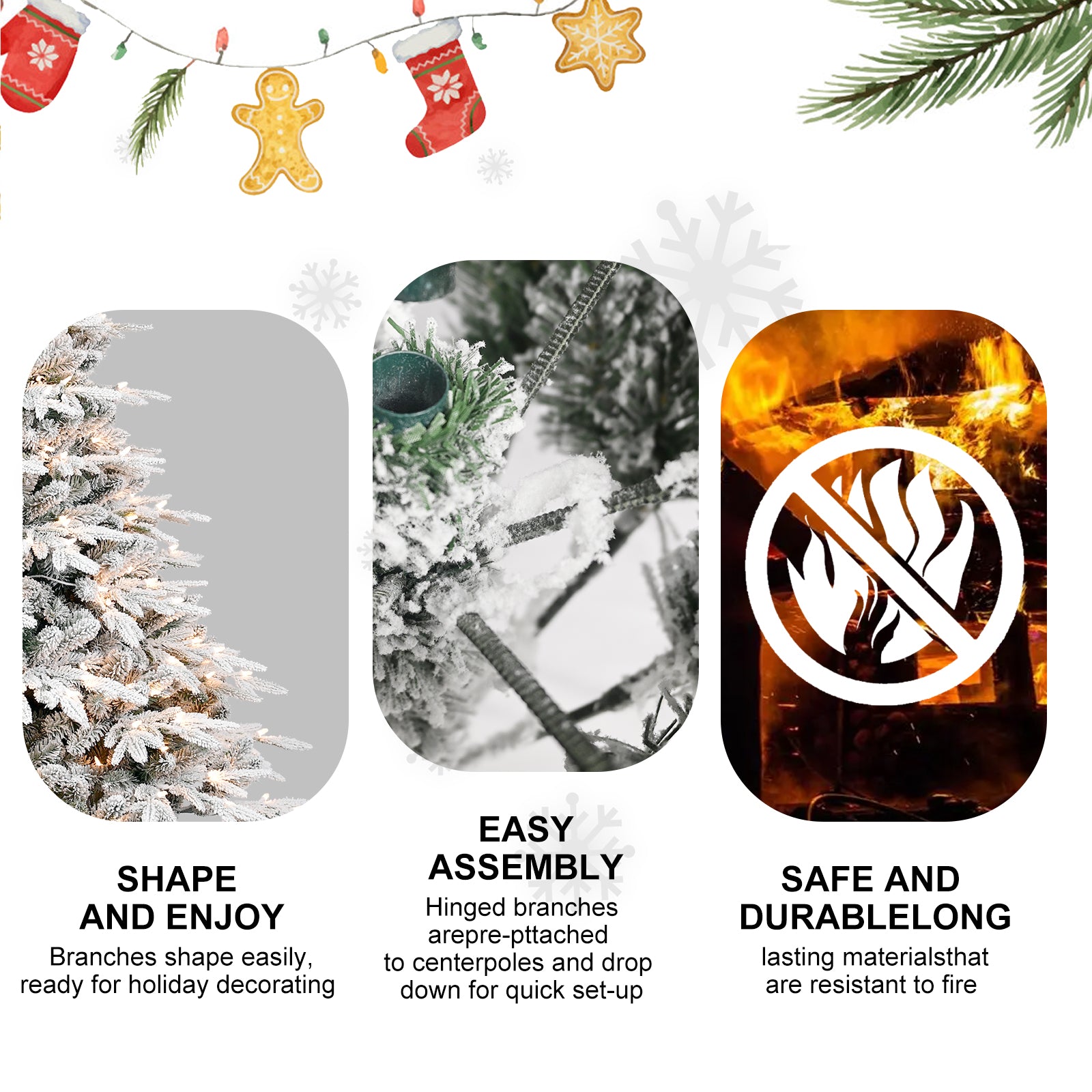 Christmas tree tips showing easy shaping branches, hinged assembly, and fire-resistant material