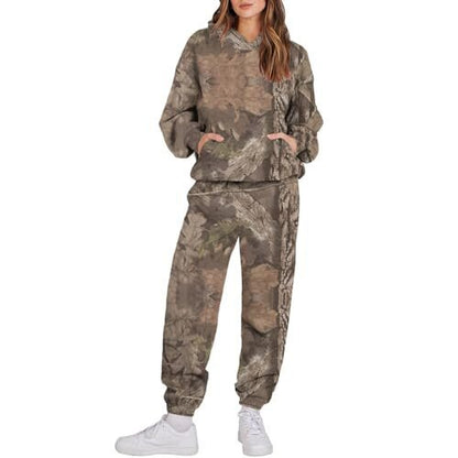 Camouflage Sports Set - Women's Loose Fit Tracksuit With Hooded Sweatshirt & Pants