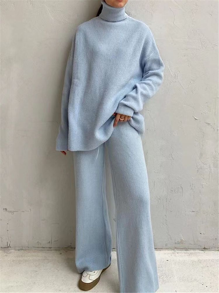 Knitted Tracksuit Set - Women's Two Piece Clothing With Turtleneck Sweater & Pants